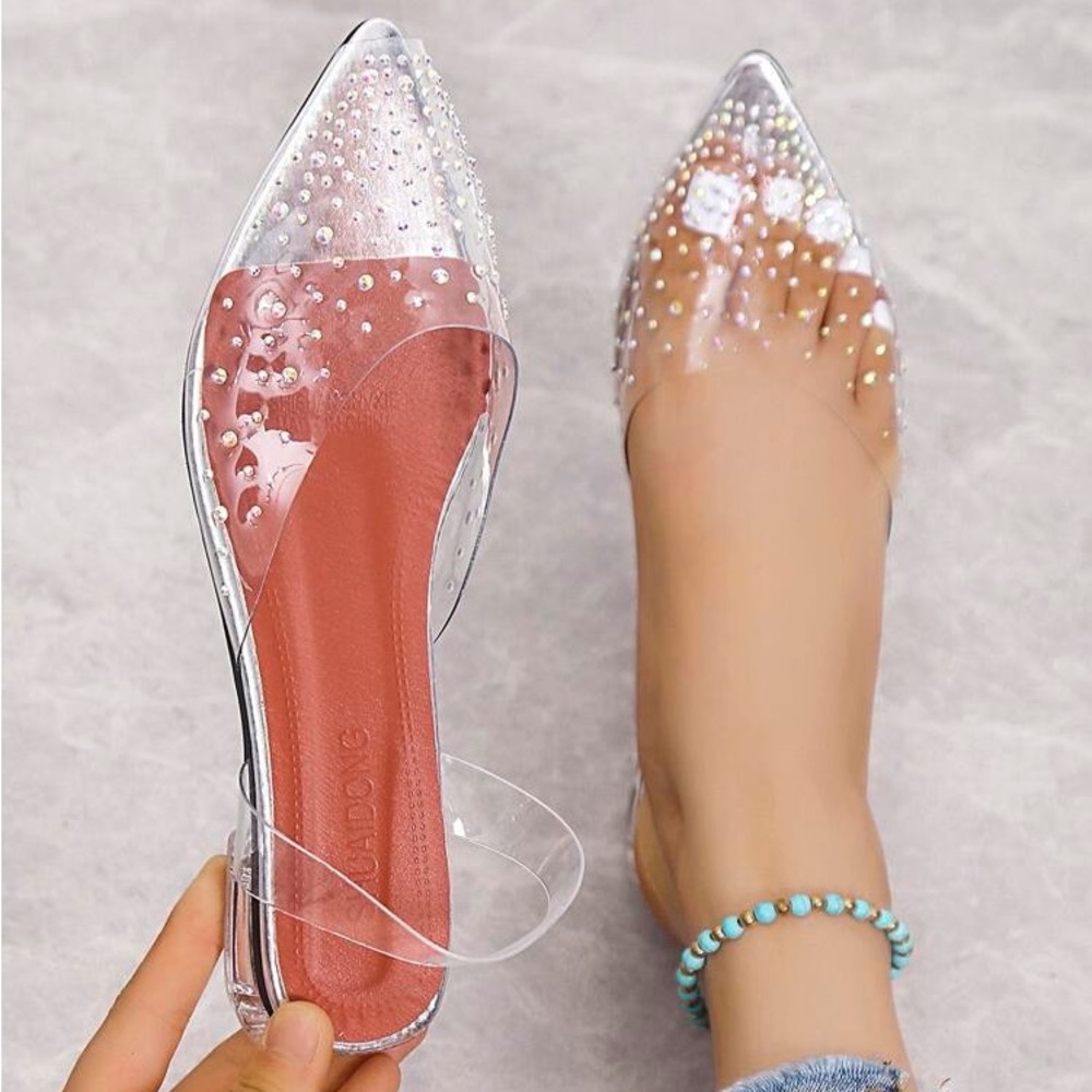 New Rhinestone Decor Clear Slingback Flats